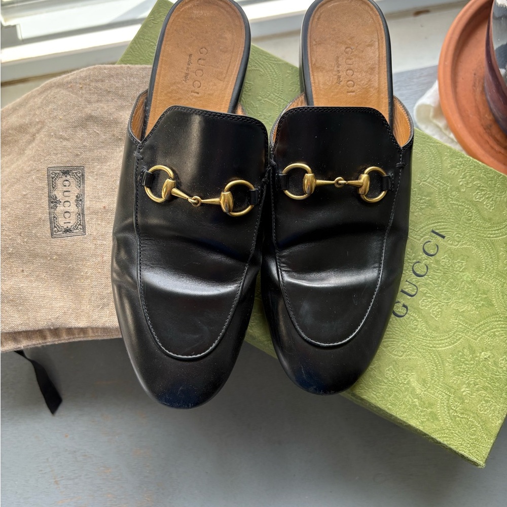 Gucci Black Leather Horsebit Backless Mules with Gold Hardware